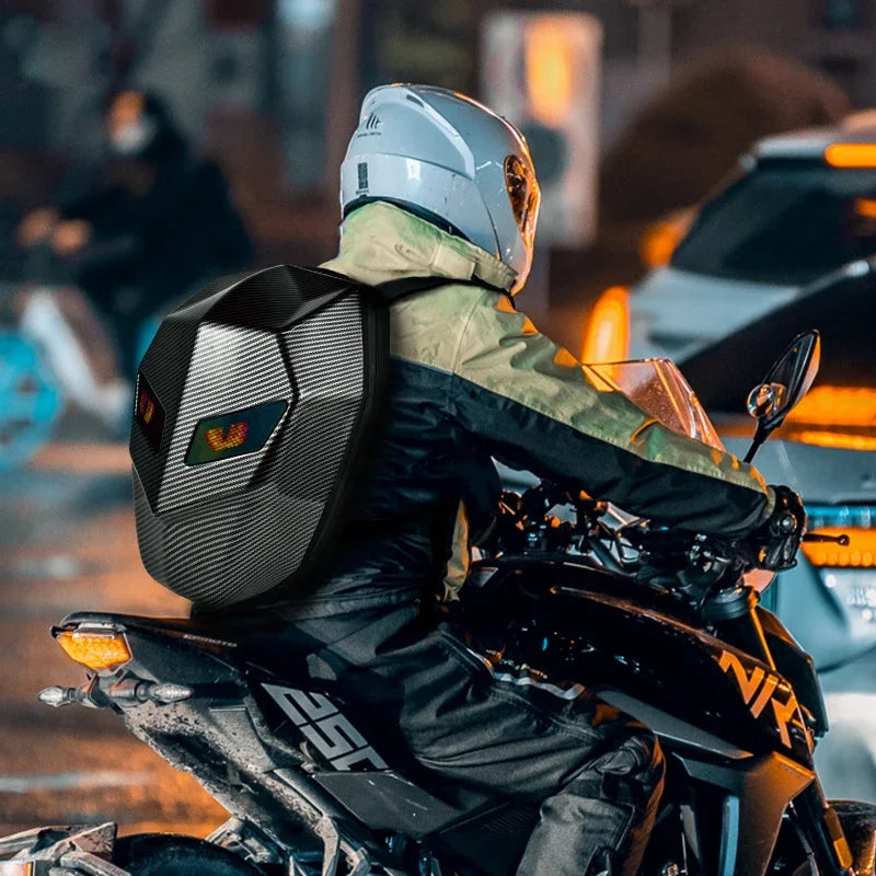 Men's Stylish LED Motorcycle Backpack on biker left side