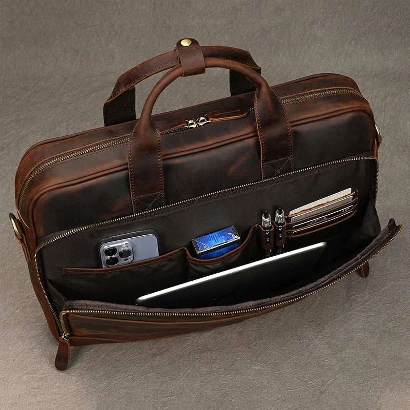 Men's Tote Leather Briefcase external pocket 