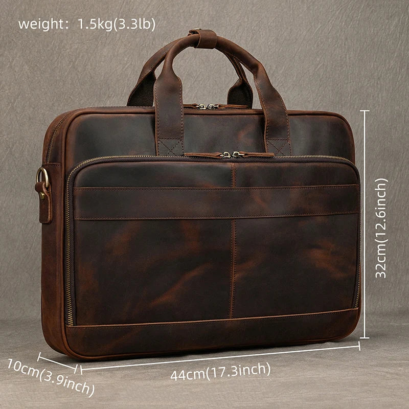 Men's Tote Leather Briefcase with sizes marked at photo