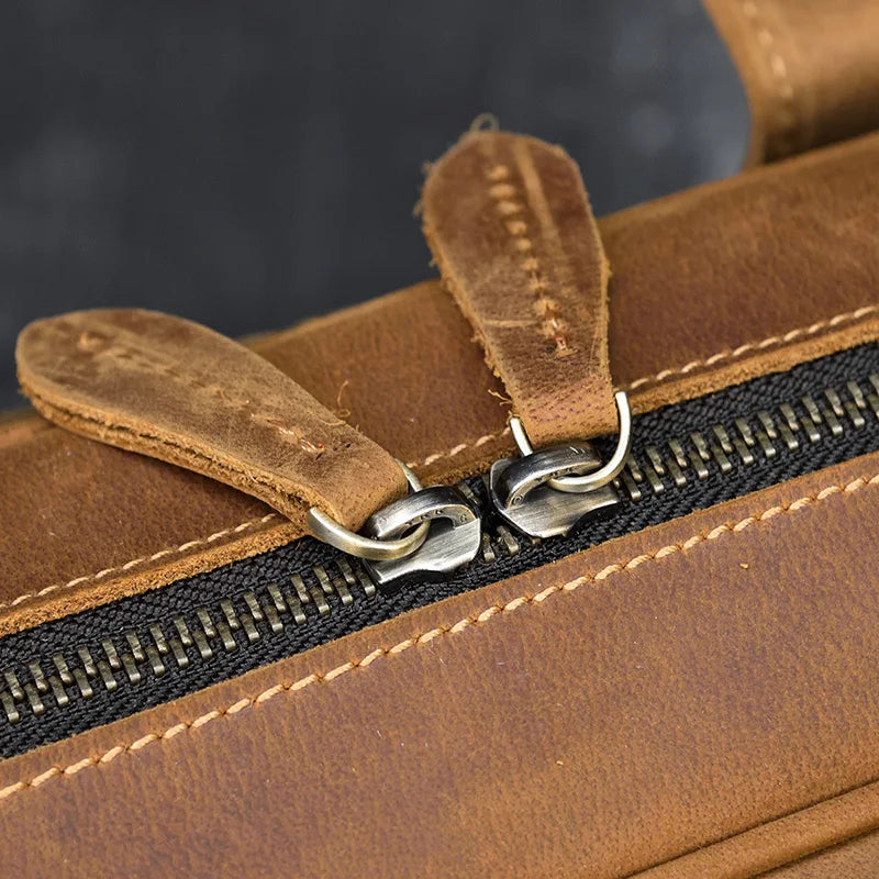 Men's Tote Leather Briefcase details - zipper closeup