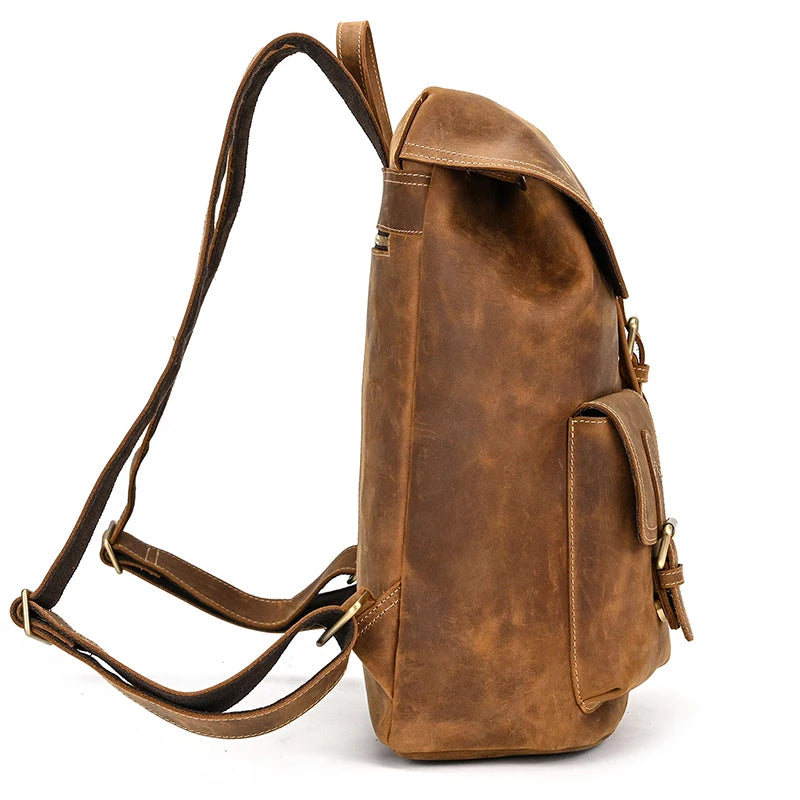 Mens Classic Leather Backpack brown side view