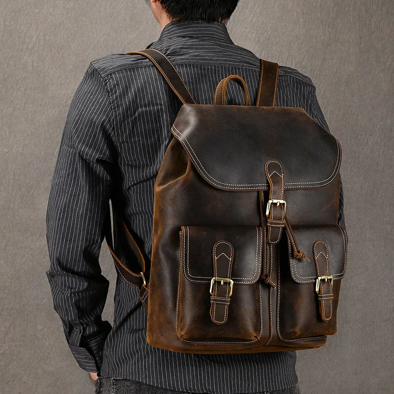 Mens Classic Leather Backpack dark brownat man