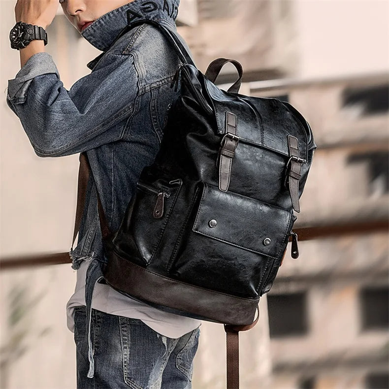 Mens Classic PU Leather Backpack wearing man 