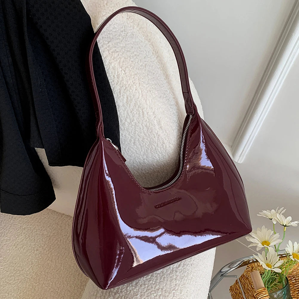 Trendy Women's Patent Leather Hobo Bag wine red