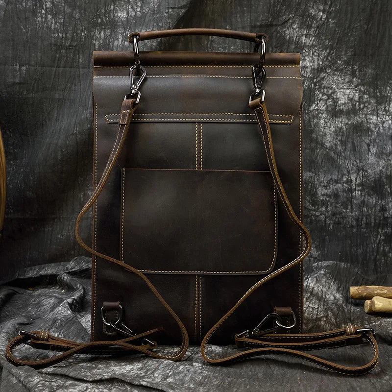 Unisex Fashion Leather Backpack dark brown back