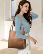 Zmbird Women's Soft Leather Tote Bag woman wearing brown color bag